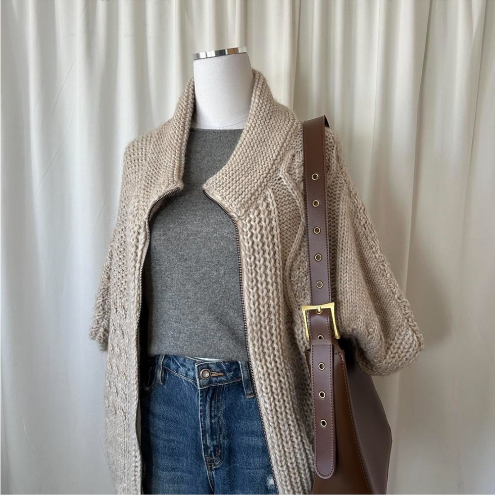 Elsamanda Zip-up poncho sweater chunky knit wool blend Cream One Size - Picture 4 of 8